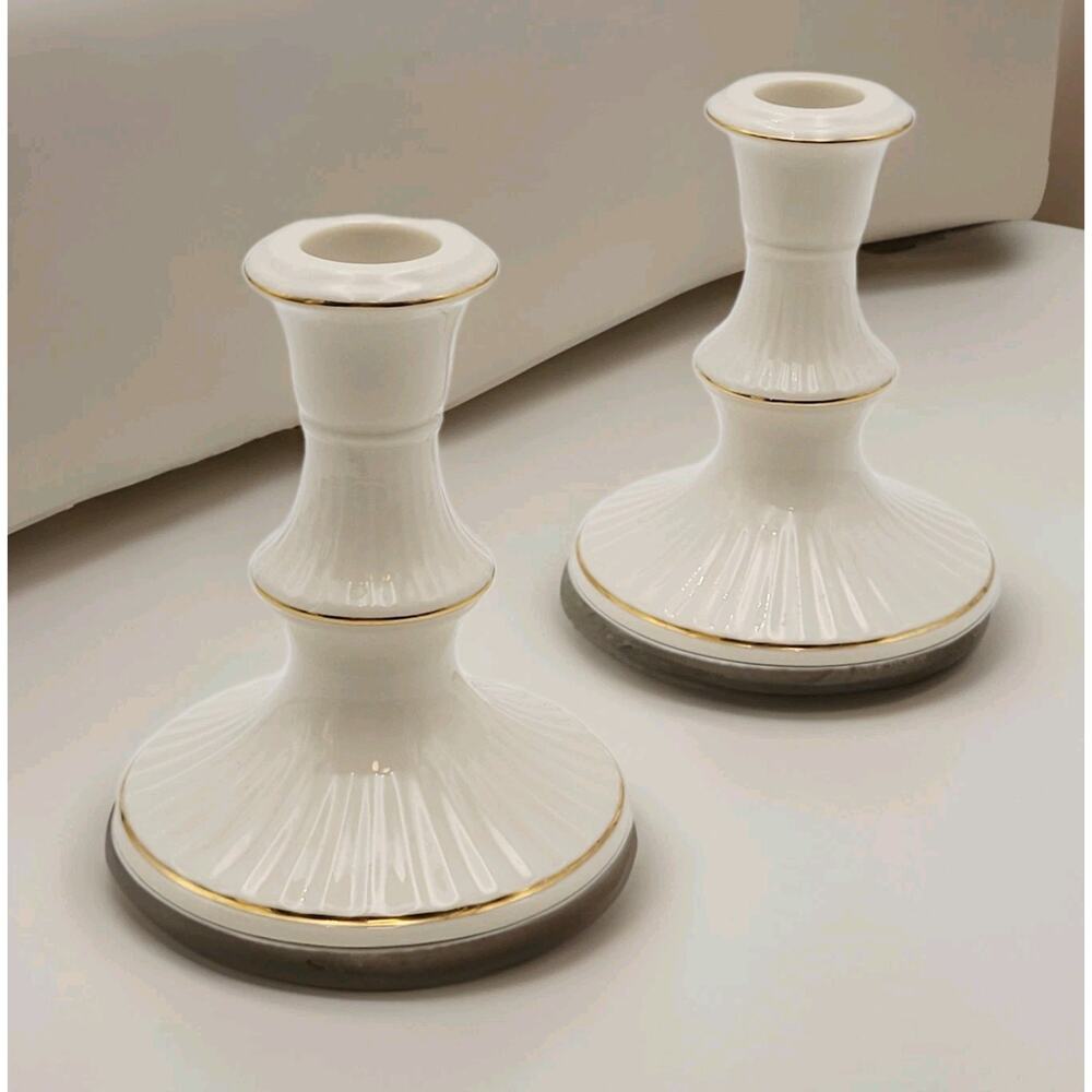 Lenox Illuminations Candlestick Holders Ivory & Gold Set of 2 Vtg